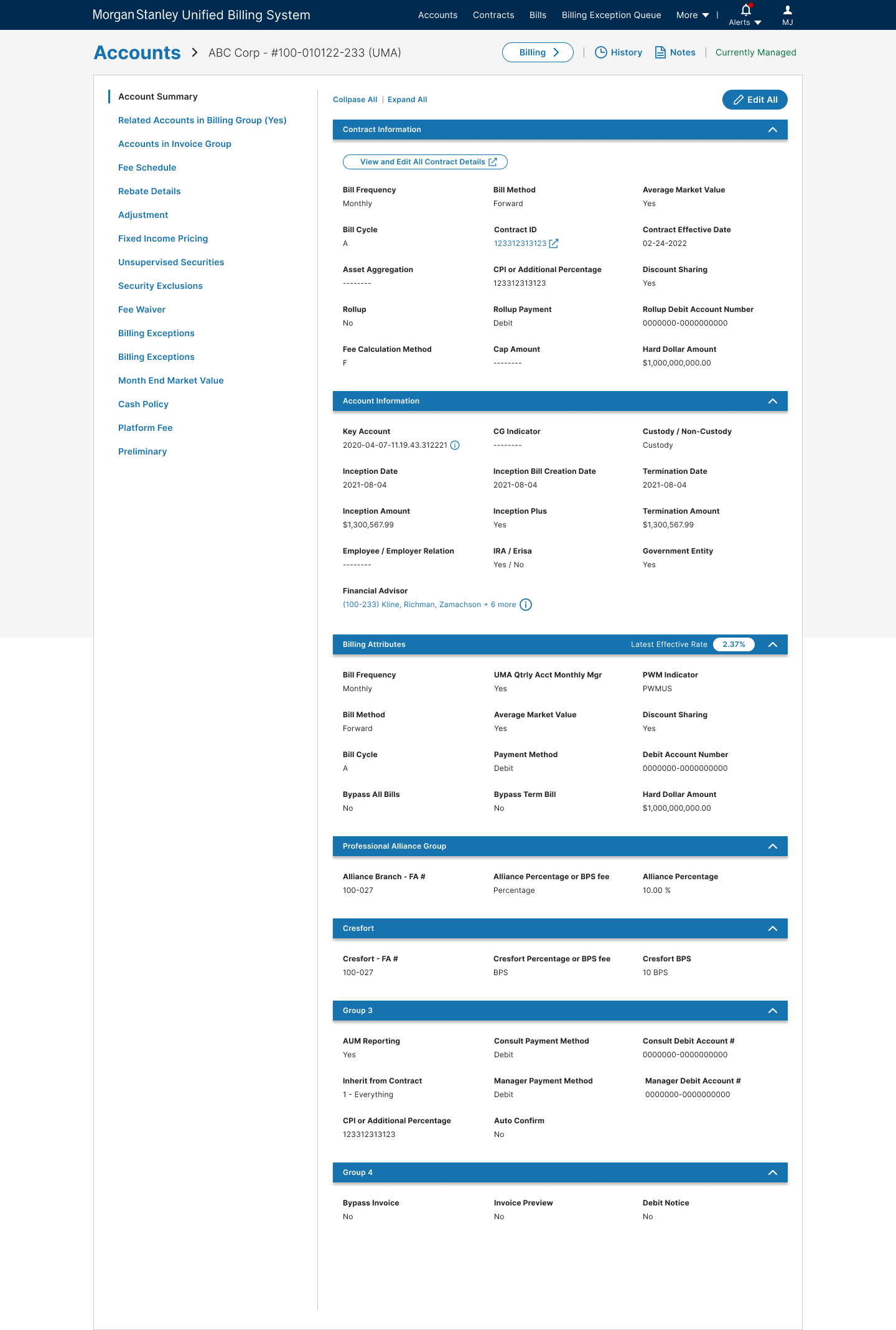 Unified Billing System Account Details