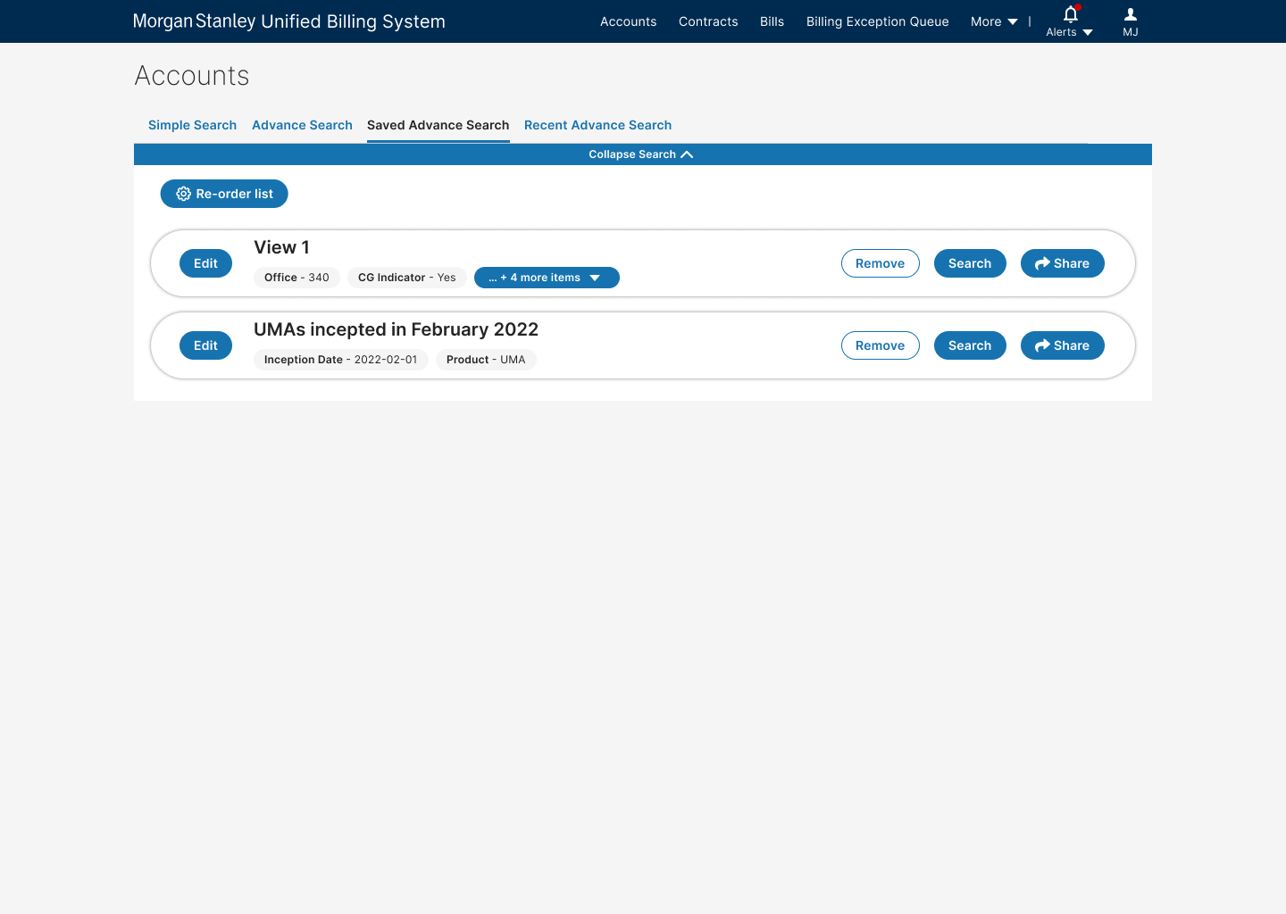 Unified Billing System Saved Advance Search