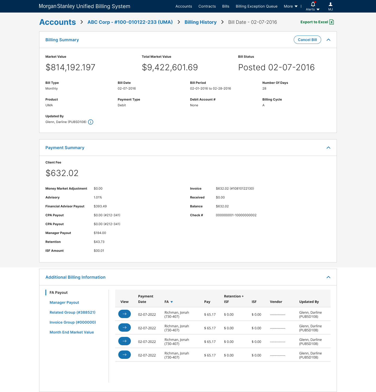 Unified Billing System Billing Details Posted w FA Payout